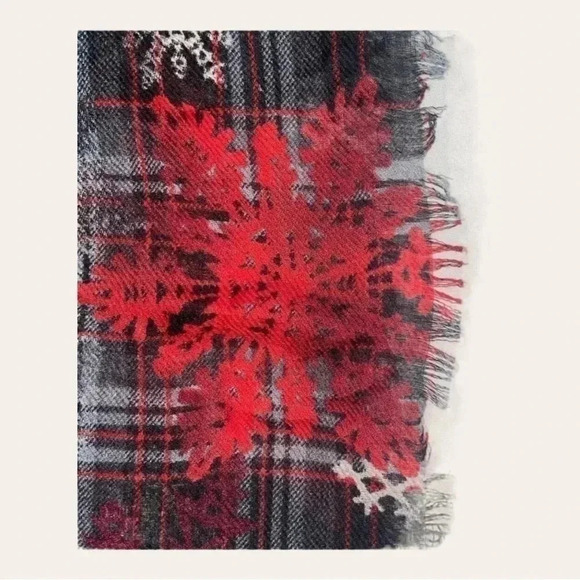 0514. Infinity WINTER THEME SCARF WHITE GREY AND RED SNOWFLAKES, - Picture 5 of 6